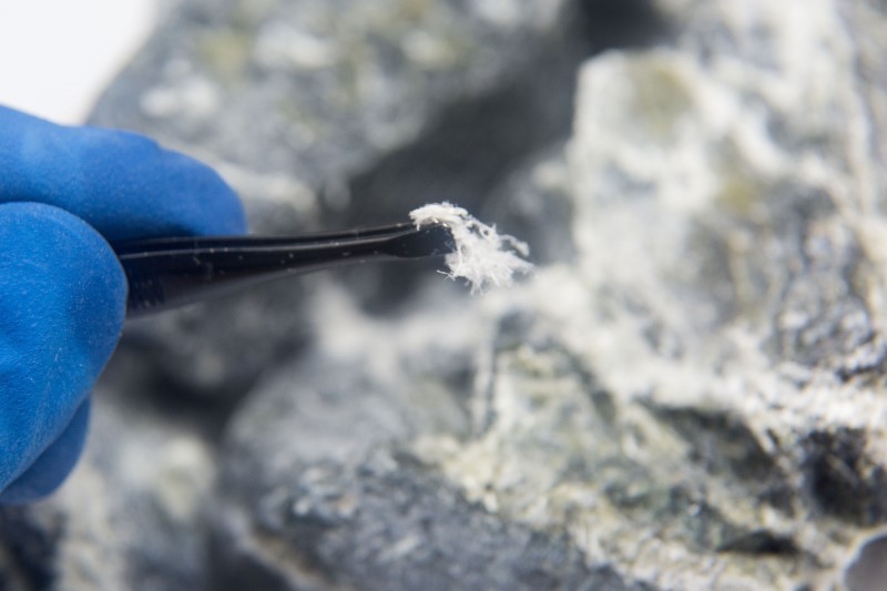 Chrysotile asbestos fiber close up.