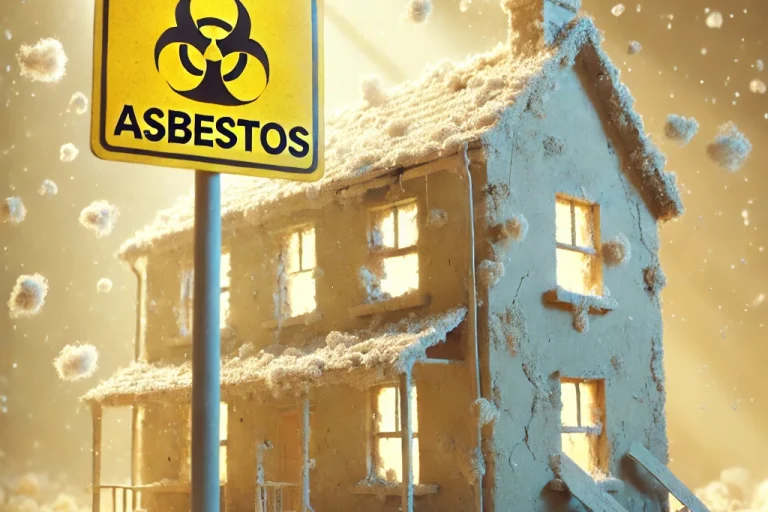 DALL·E 2024 08 17 13.32.40   A softer depiction of the dangers of asbestos, showing a slightly crumbling building with visible asbestos fibers floating in the air, but in a less o